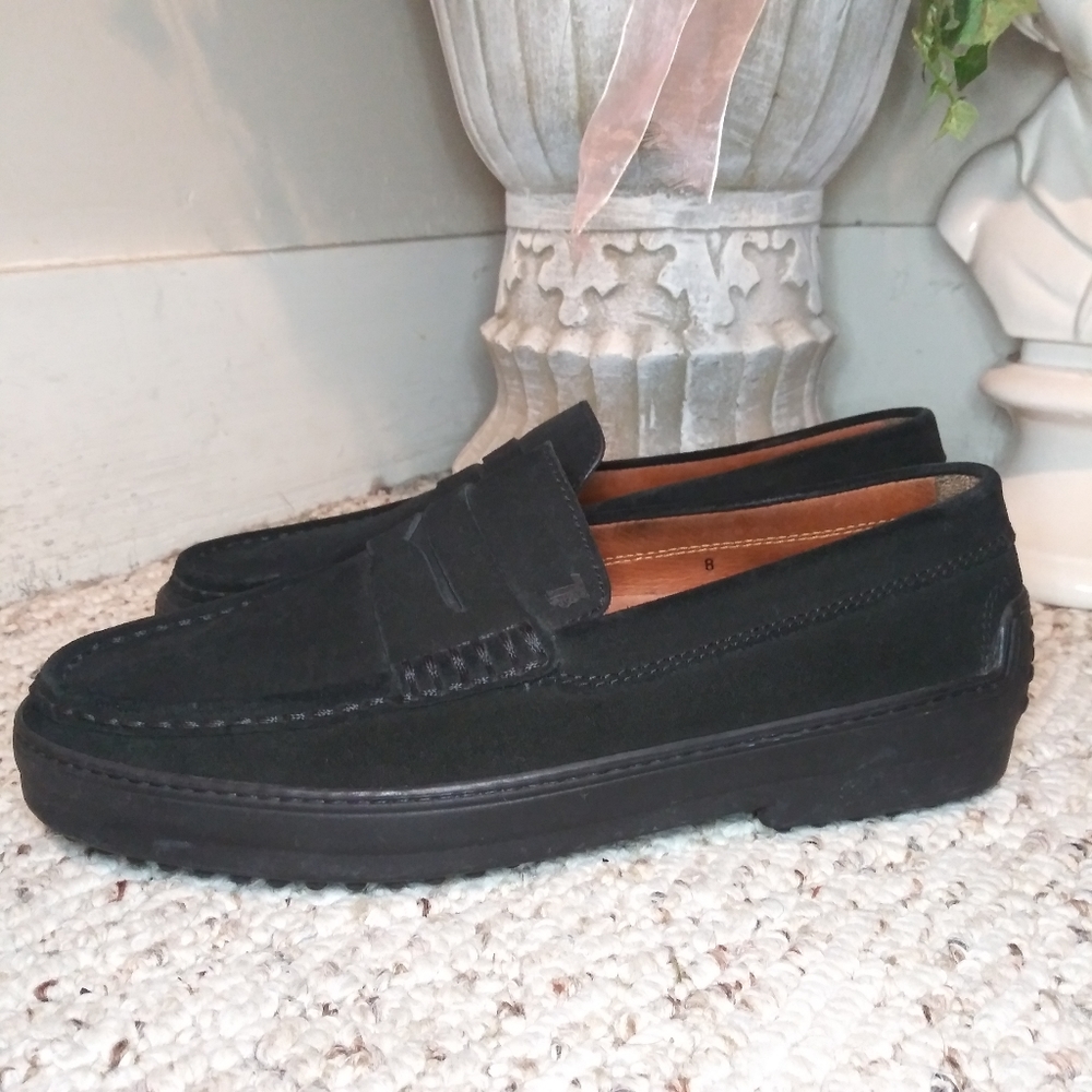 Tod's Black Suede Men's Vibram Sole Penny Loafer Style Driving Shoes - Picture 3 of 15